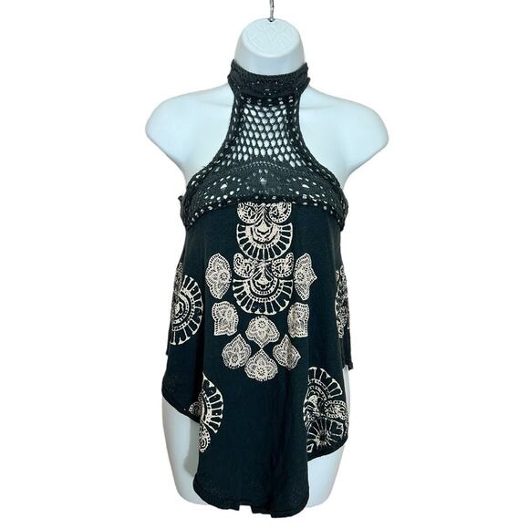 Free People Mandolin Crochet Boho Blouse Sz XS Gray High Neck Tank Top Linen - Picture 4 of 10
